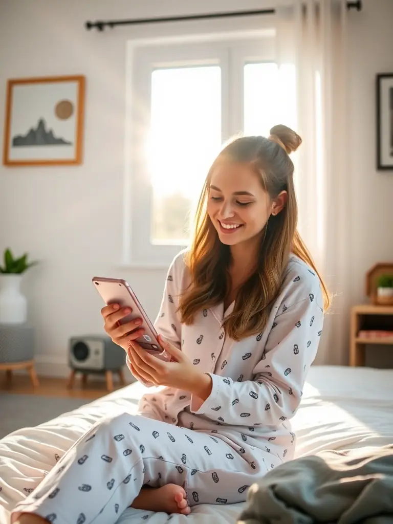 A person happily waking up to their AI wake-up call, smiling and refreshed, with a phone displaying the WakemeupAI interface showing their tasks for the day.