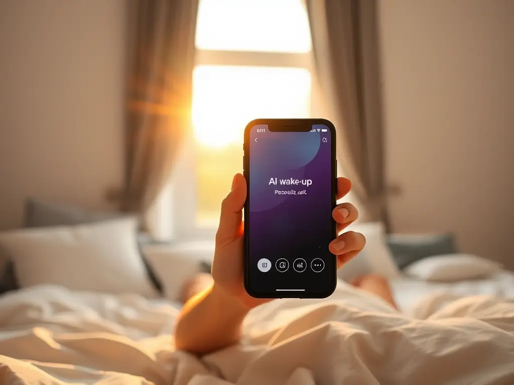 A person waking up to a personalized AI wake-up call on their smartphone, with a sunrise in the background, symbolizing a fresh and energized start to the day.