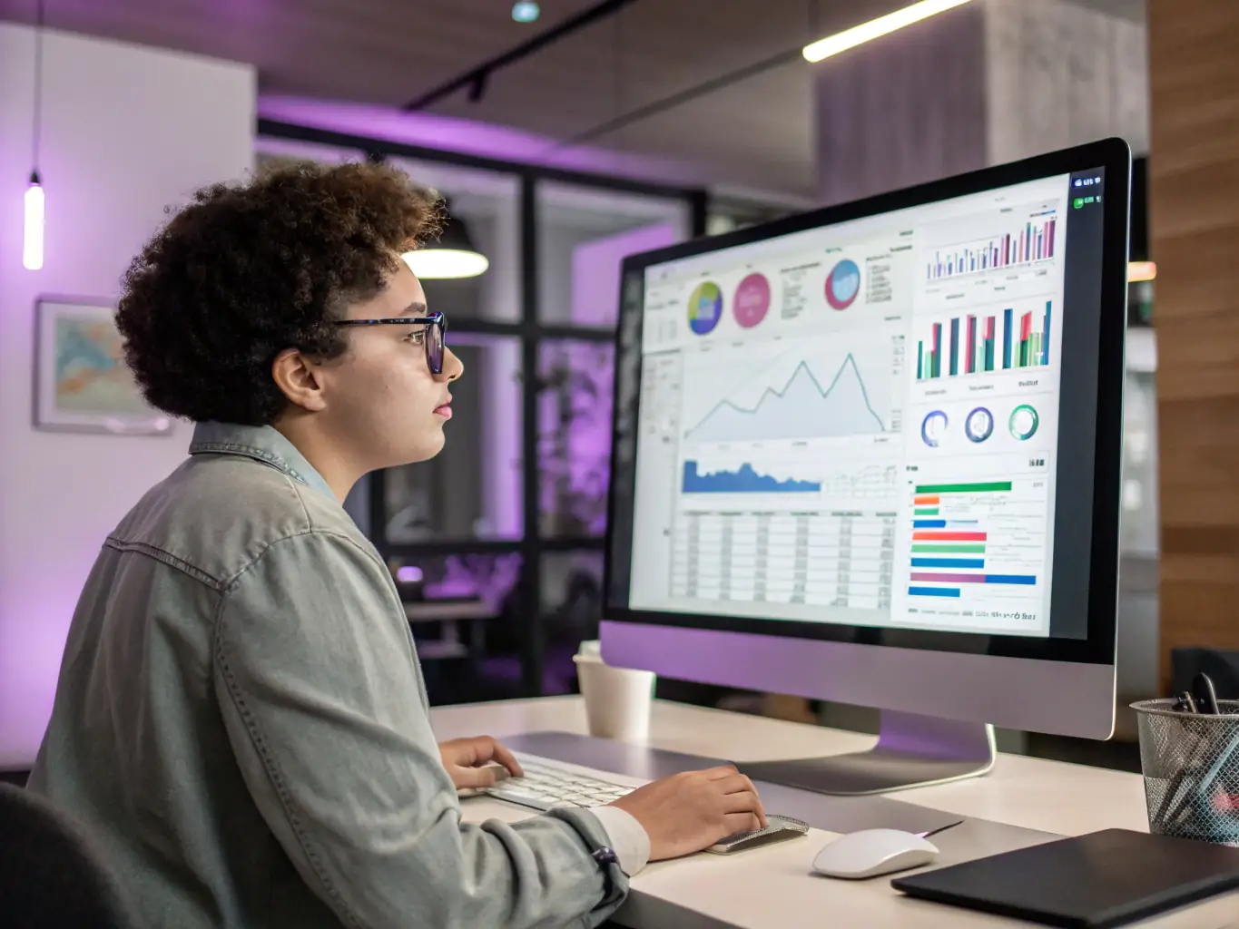 A person using a laptop with a progress bar displayed on the screen, indicating the tracking of a goal's completion, set in a modern office environment.
