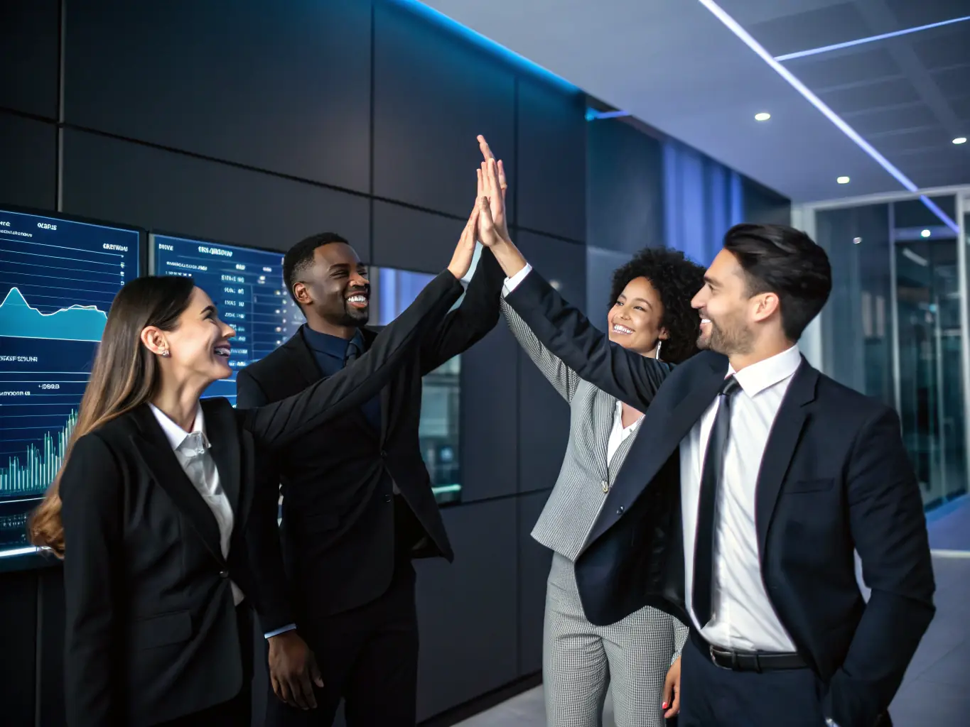 A diverse team celebrating the achievement of a project milestone in a collaborative workspace, highlighting the success and teamwork facilitated by WakemeupAI.