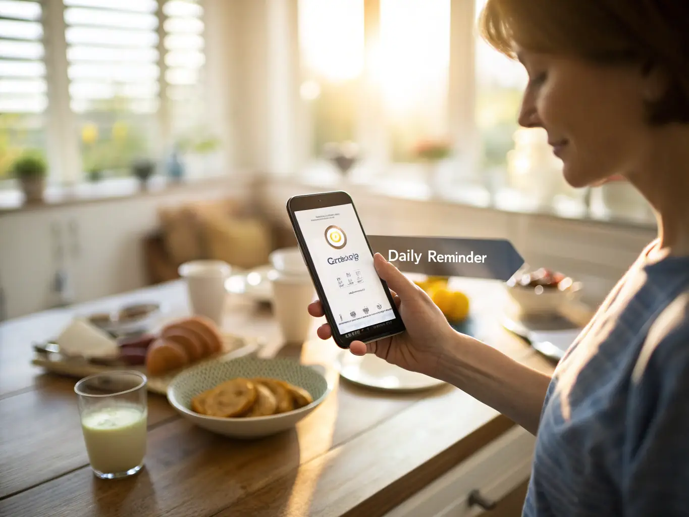 An image of a person smiling while reading a motivational quote on their phone in the morning, with a cup of coffee nearby.