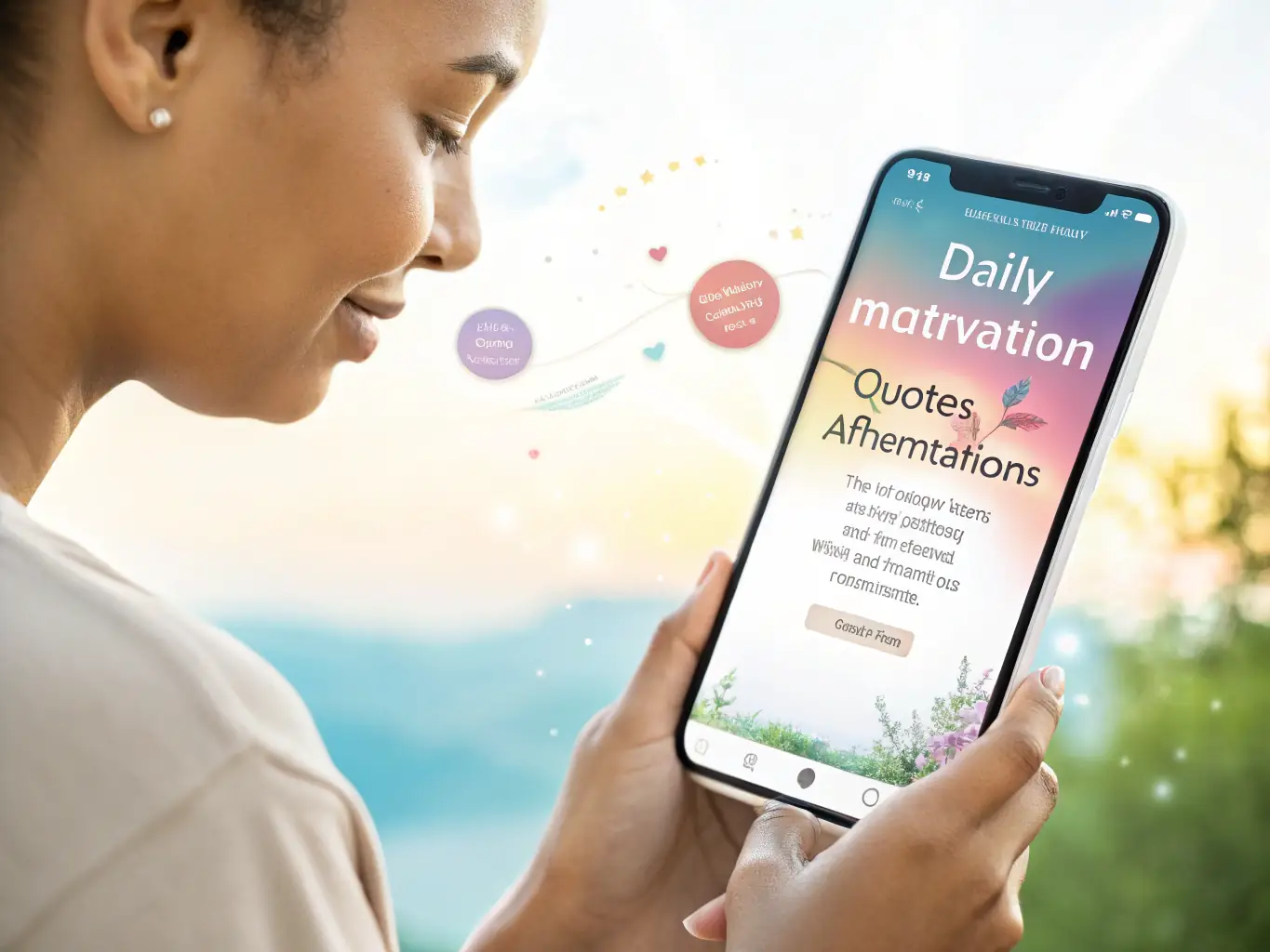 An image of a smartphone displaying a motivational message, with positive affirmations and encouraging words, set against a vibrant and uplifting background.