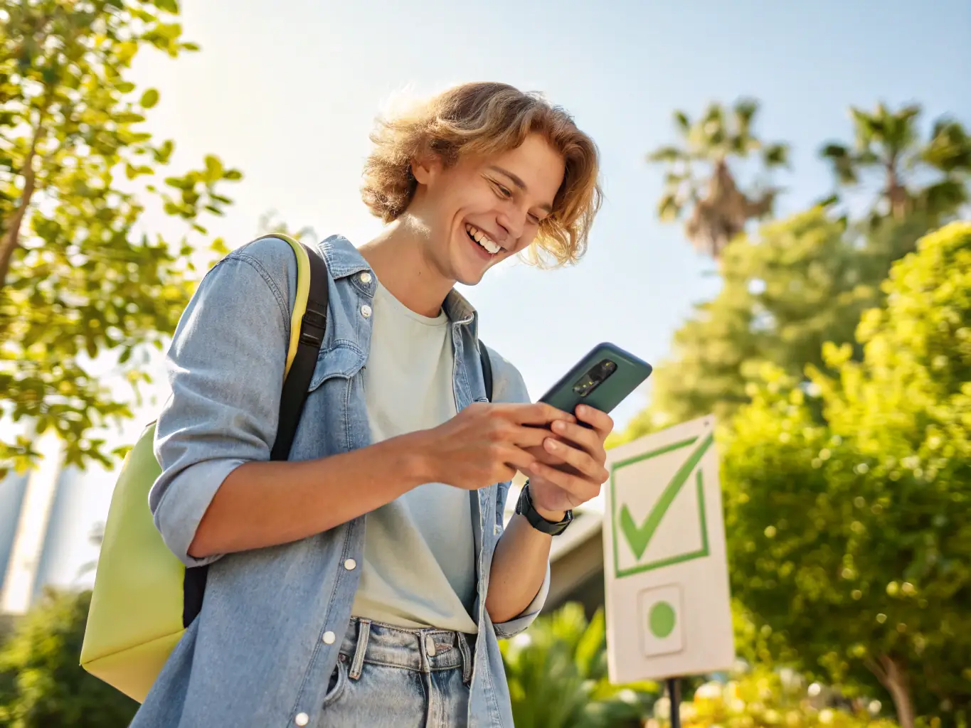 A person happily checking off a goal on a digital task list on a tablet, with a sunrise in the background, symbolizing achieving goals with WakemeupAI.